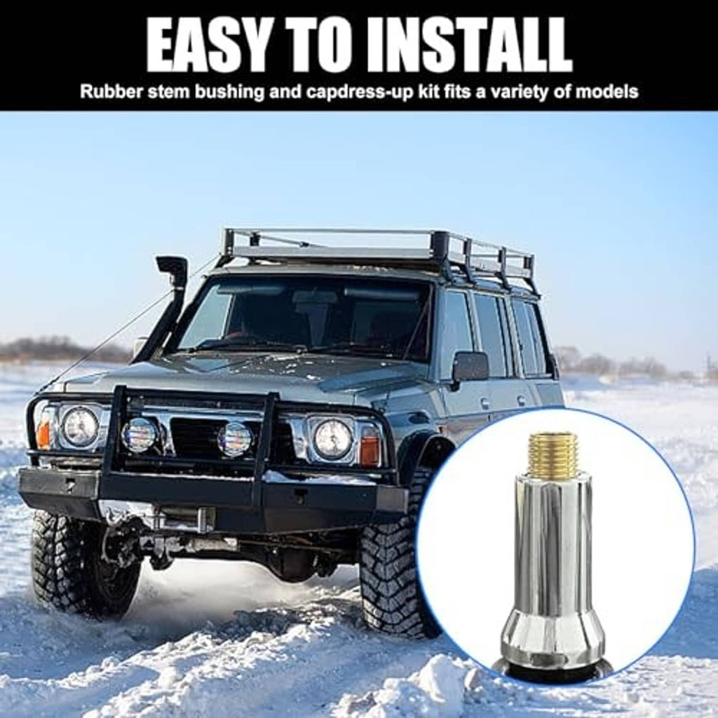 Single chrome tire valve stem sleeve and hex cap, shown for installation