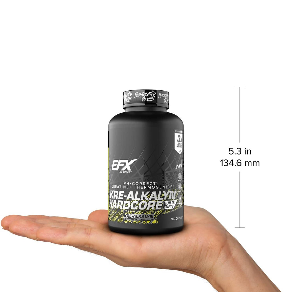 EFX Kre-Alkalyn Hardcore bottle held in hand, 5.3 in height shown