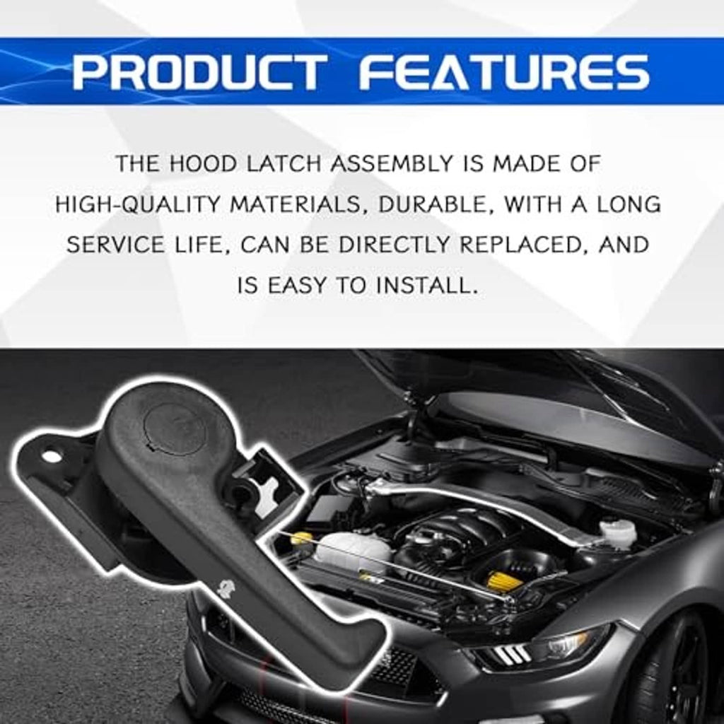 Black hood latch release handle mounted near engine bay latch assembly