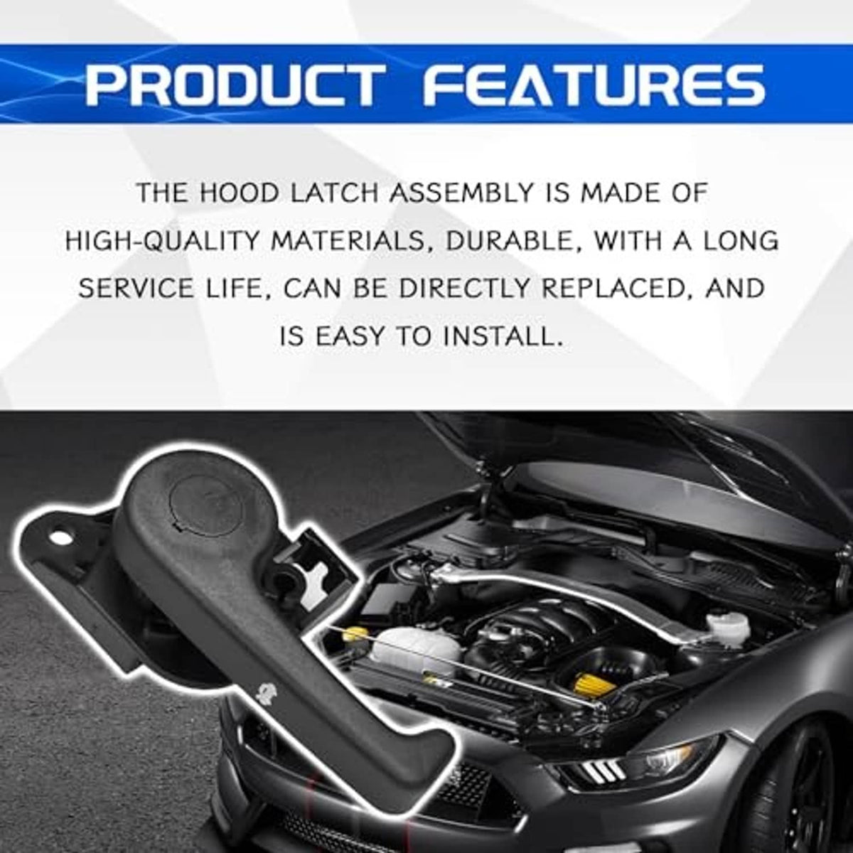 Black hood latch release handle mounted near engine bay latch assembly