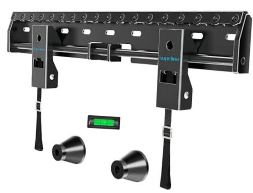 No-drill TV wall mount bracket with rails, support arms, and quick-release feet