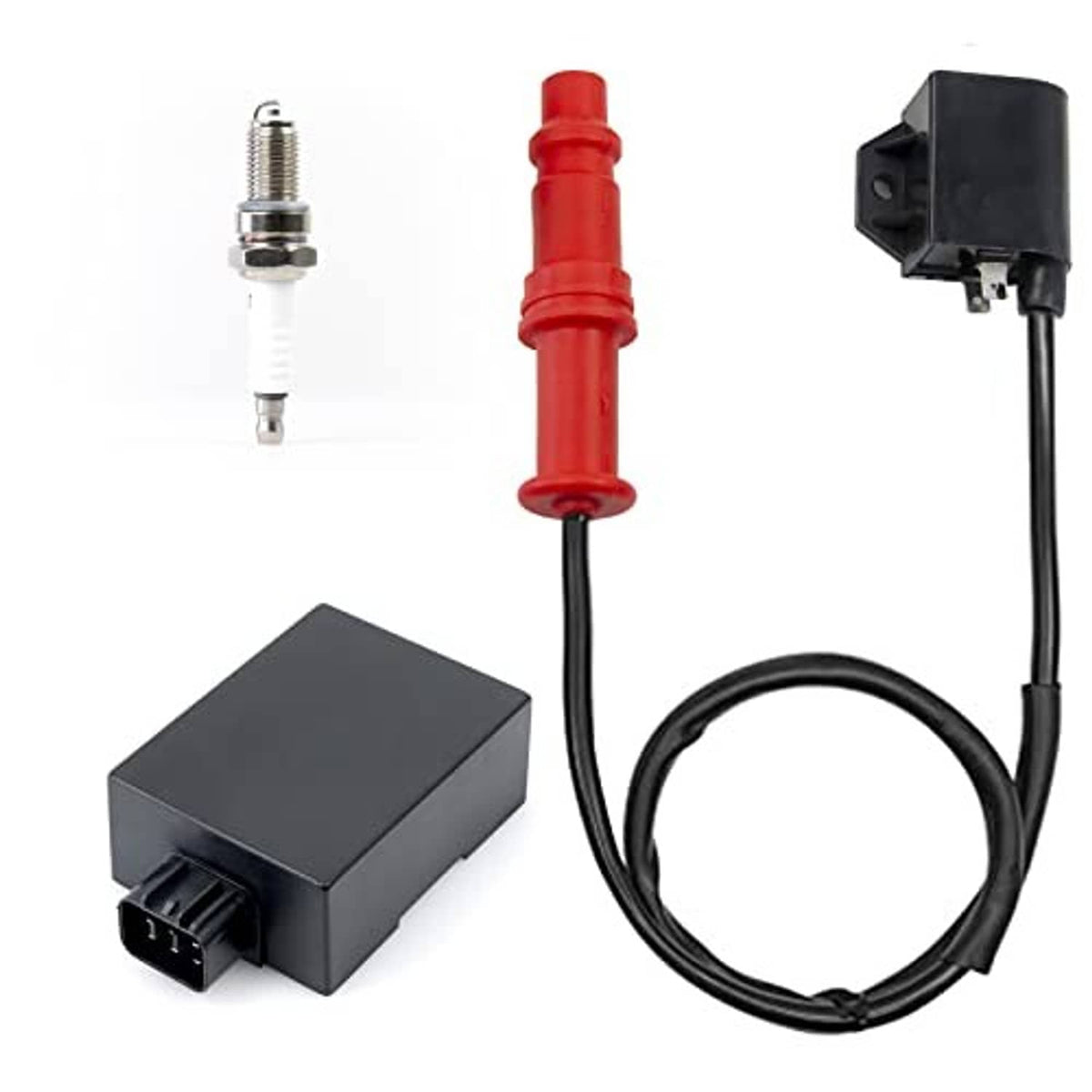 Ignition coil module kit with spark plug, black control box, and wiring