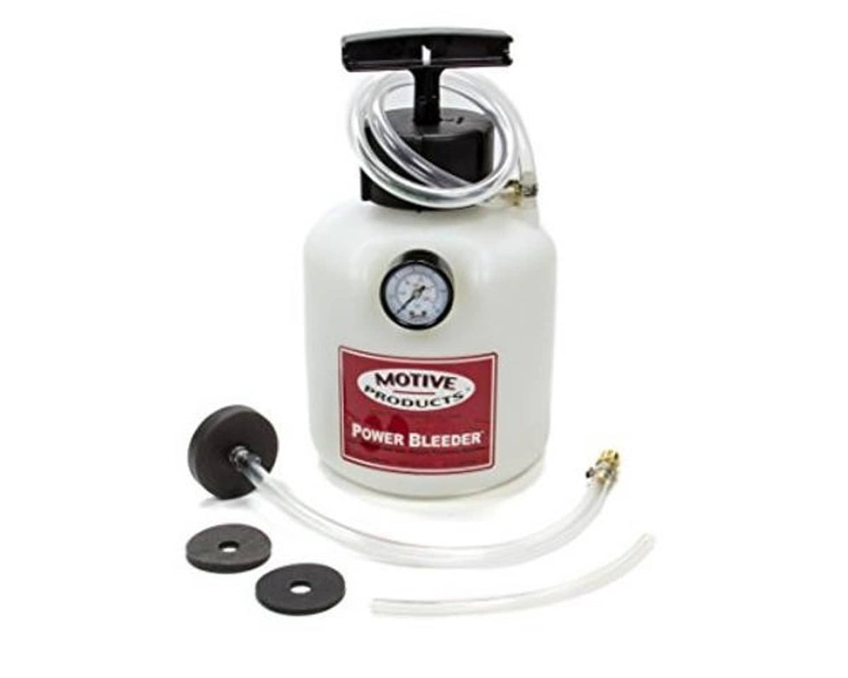 Brake power bleeder pump with pressure gauge, dual hoses, black cap, and plates