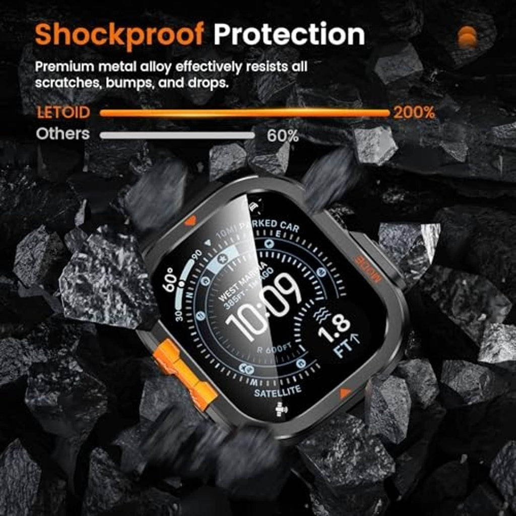 Black metal smartwatch case with raised bezel and orange bumper details