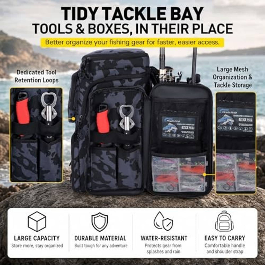 Fishing tackle backpack in black camouflage with multiple front pockets and mesh tool bays