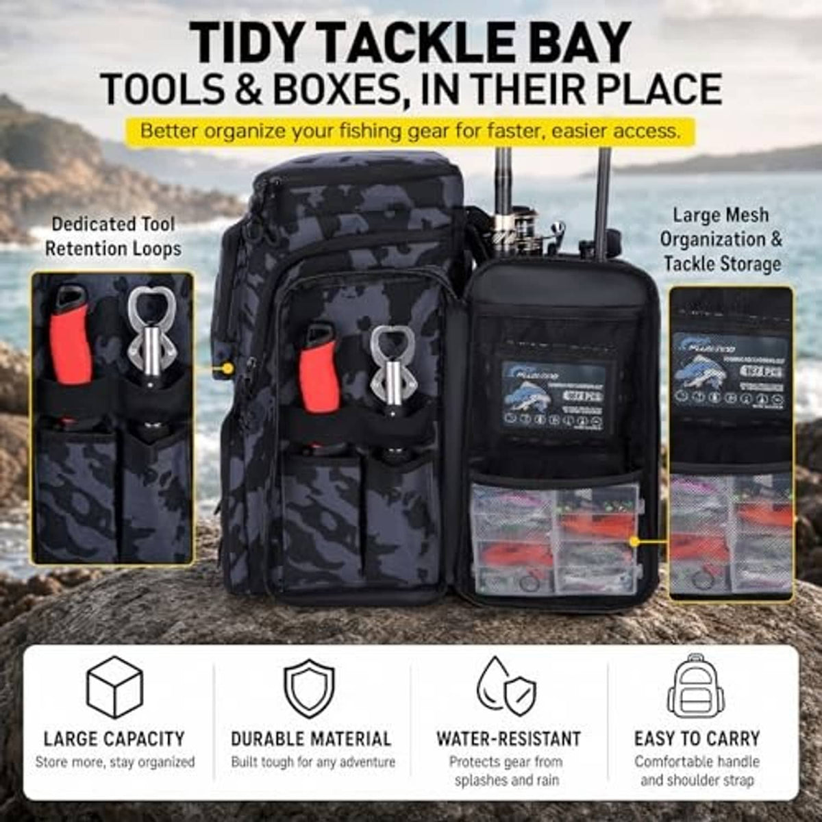 Fishing tackle backpack in black camouflage with multiple front pockets and mesh tool bays