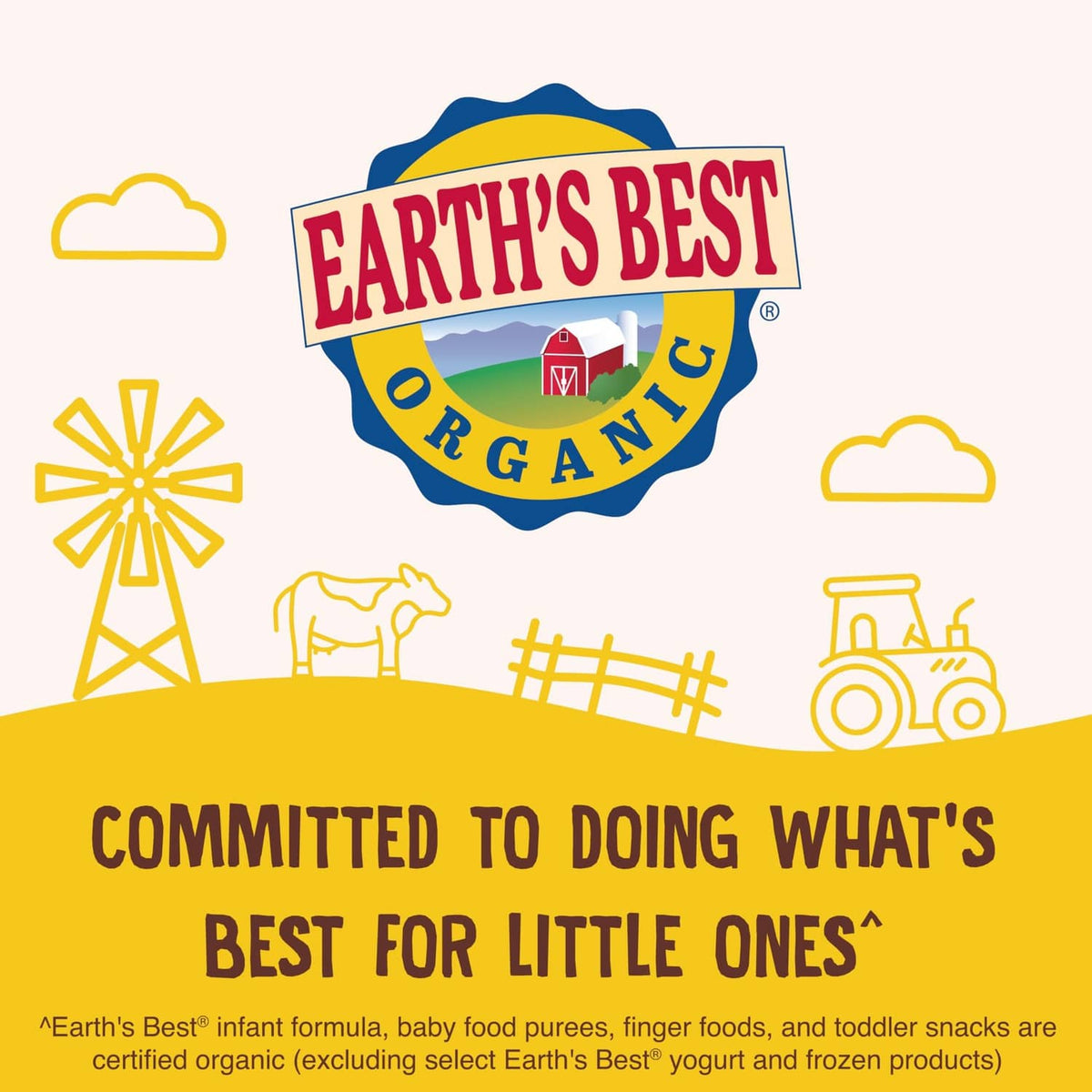 Earth's Best Organic badge with icons and message 'Committed to doing what's best for little ones'