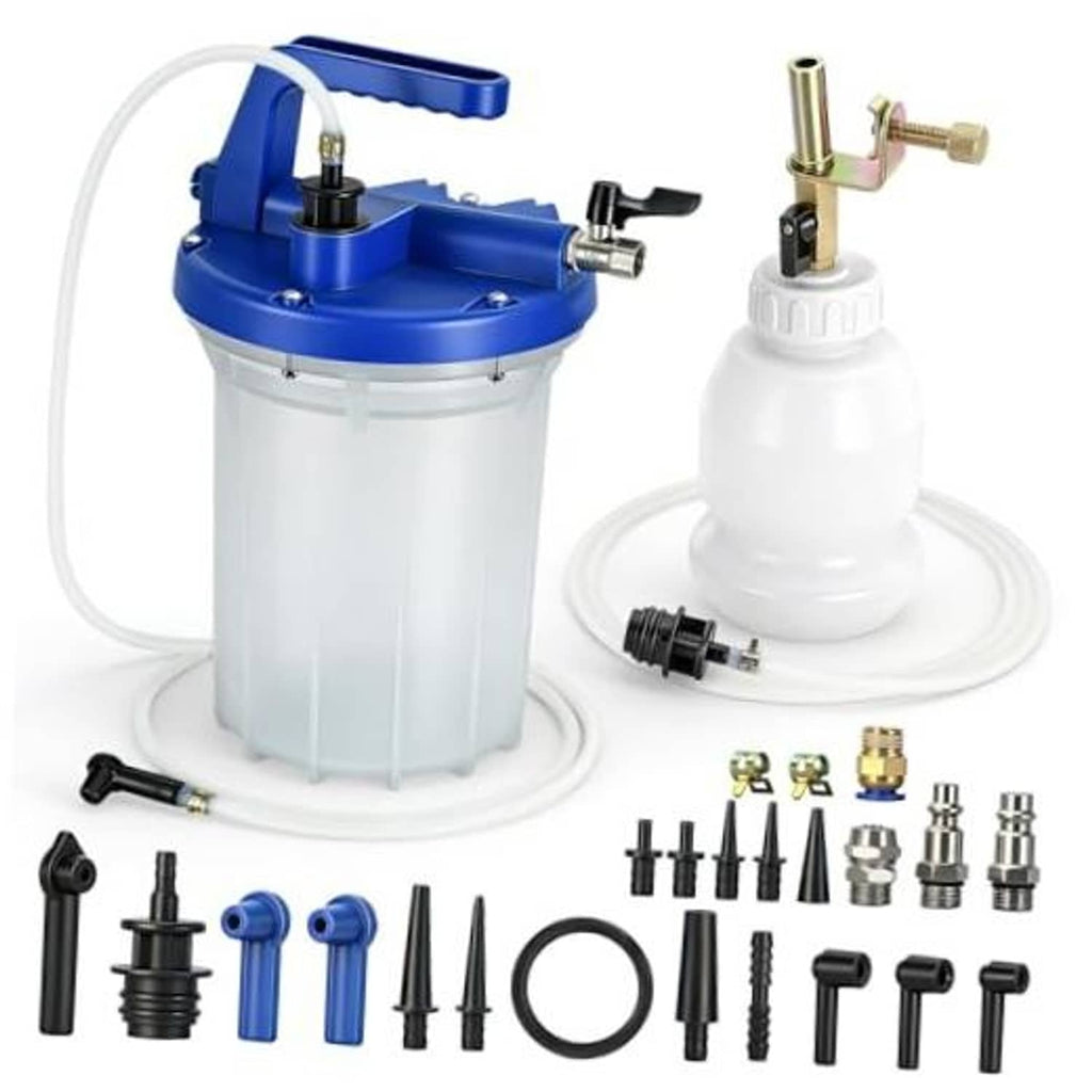 3L vacuum brake bleeder kit with blue vacuum pump, clear collection tank, hoses, bottle