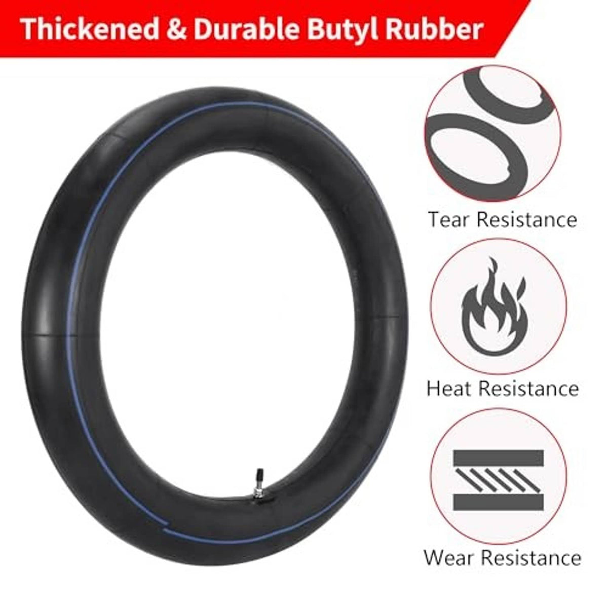 Motorcycle inner tube, thick black rubber with blue stripe, durability icons