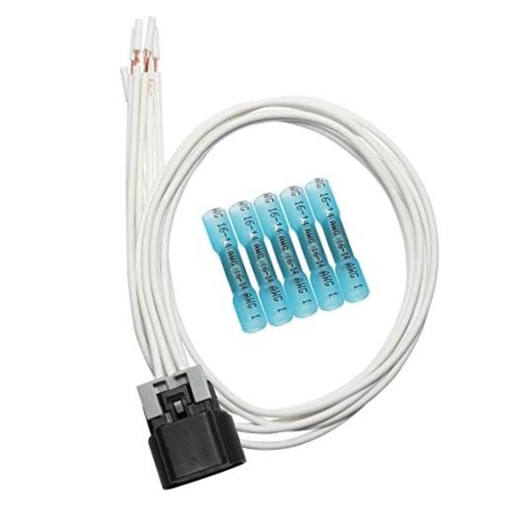 Throttle body wiring pigtail harness with black 6-pin connector and white wires, blue terminals