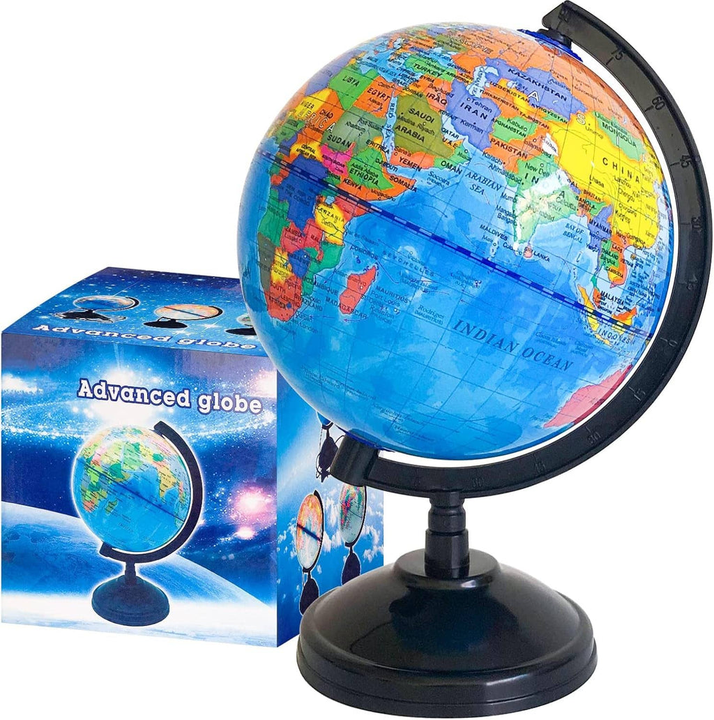 6-inch style world globe with stand and colorful country maps on a dark base