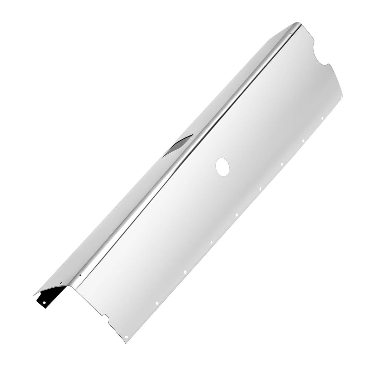 Silvery aluminum landing gear fairing panel with a round hole and trimmed end