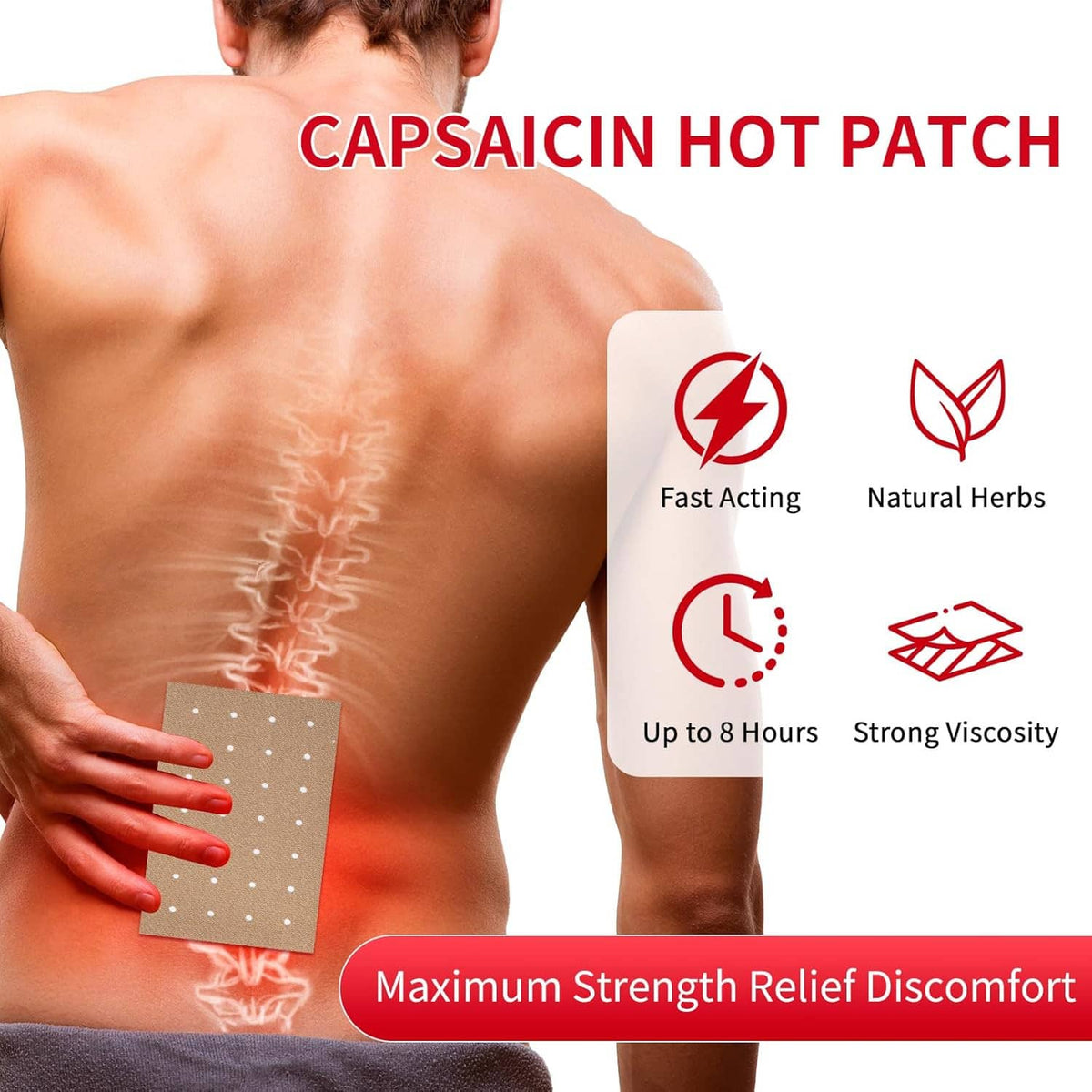 Capsicum hot patch on bare back with beige square adhered over lower spine