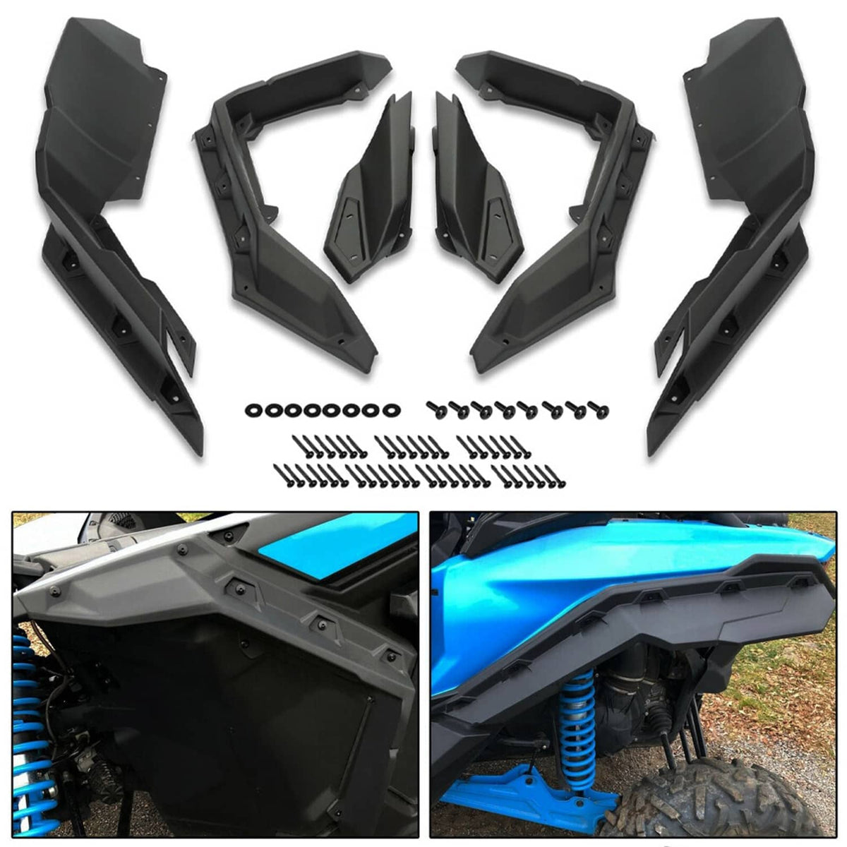 Black mud flap panel set with mounting hardware, plus close-up installation side views