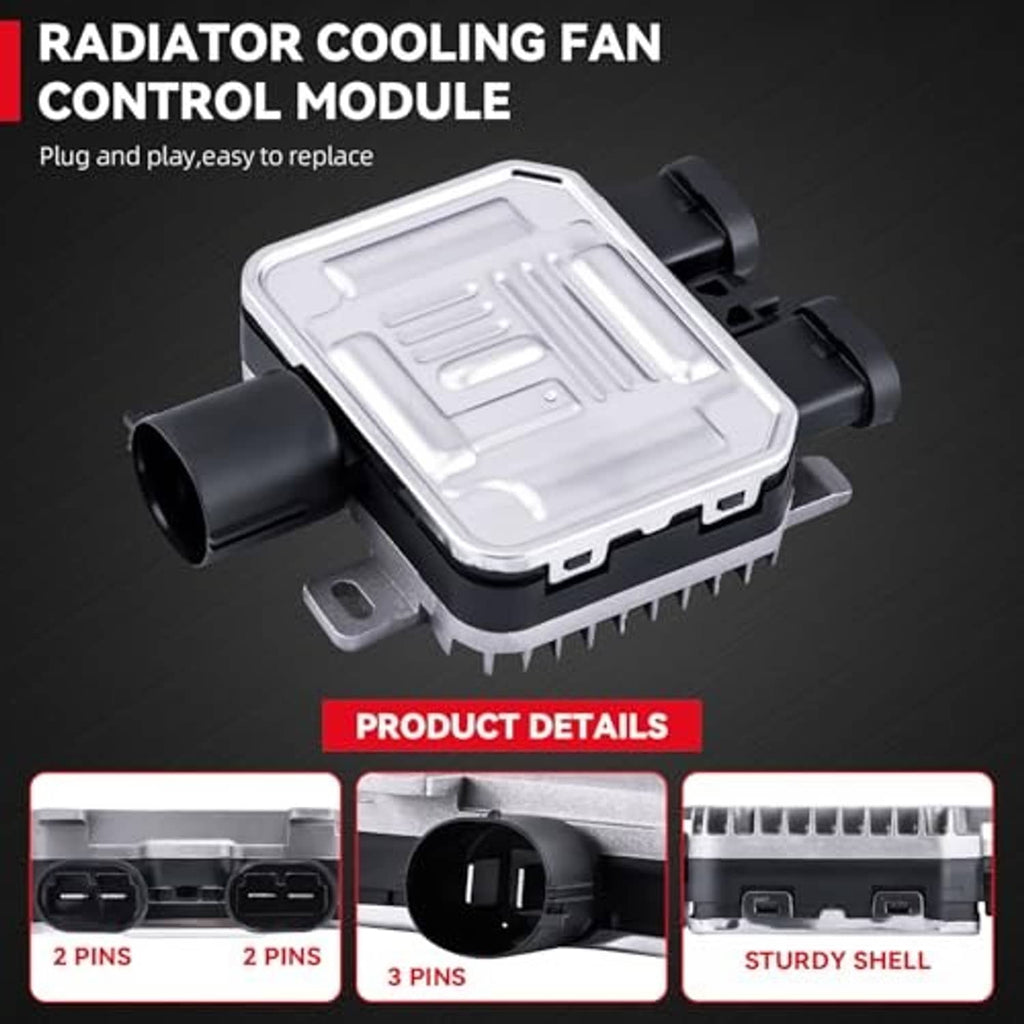 Radiator cooling fan control module relay with vented housing and dual fan connectors