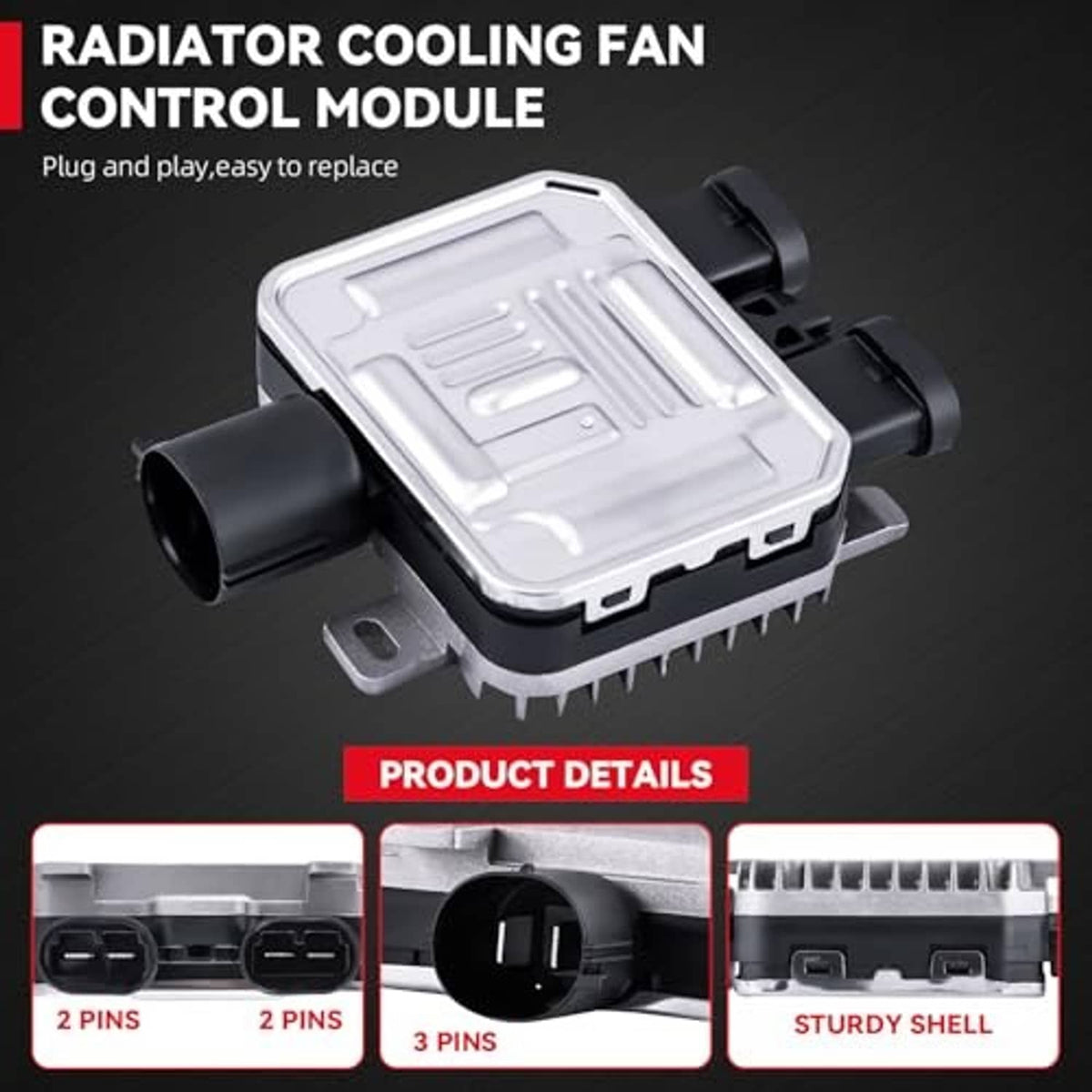 Radiator cooling fan control module relay with vented housing and dual fan connectors