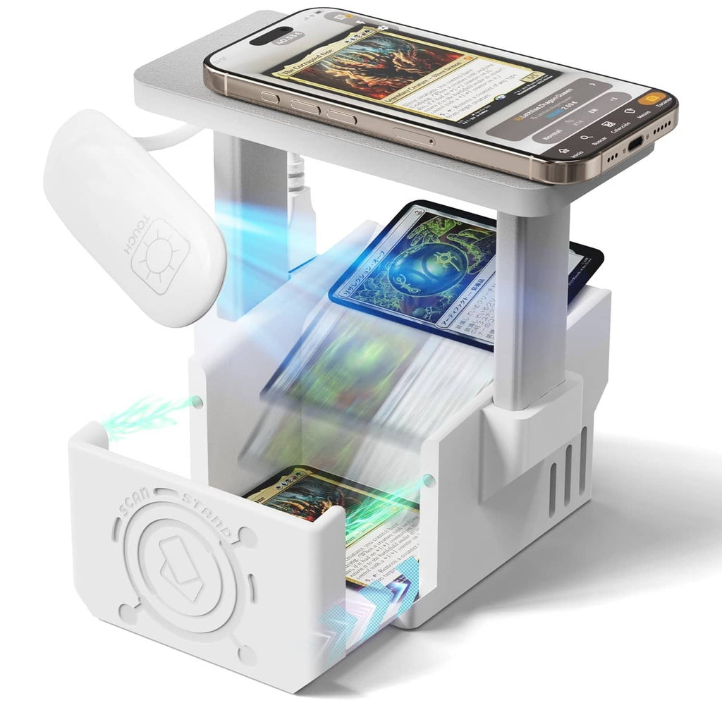 White card scanner stand with smartphone cradle and side LED light for Magic cards
