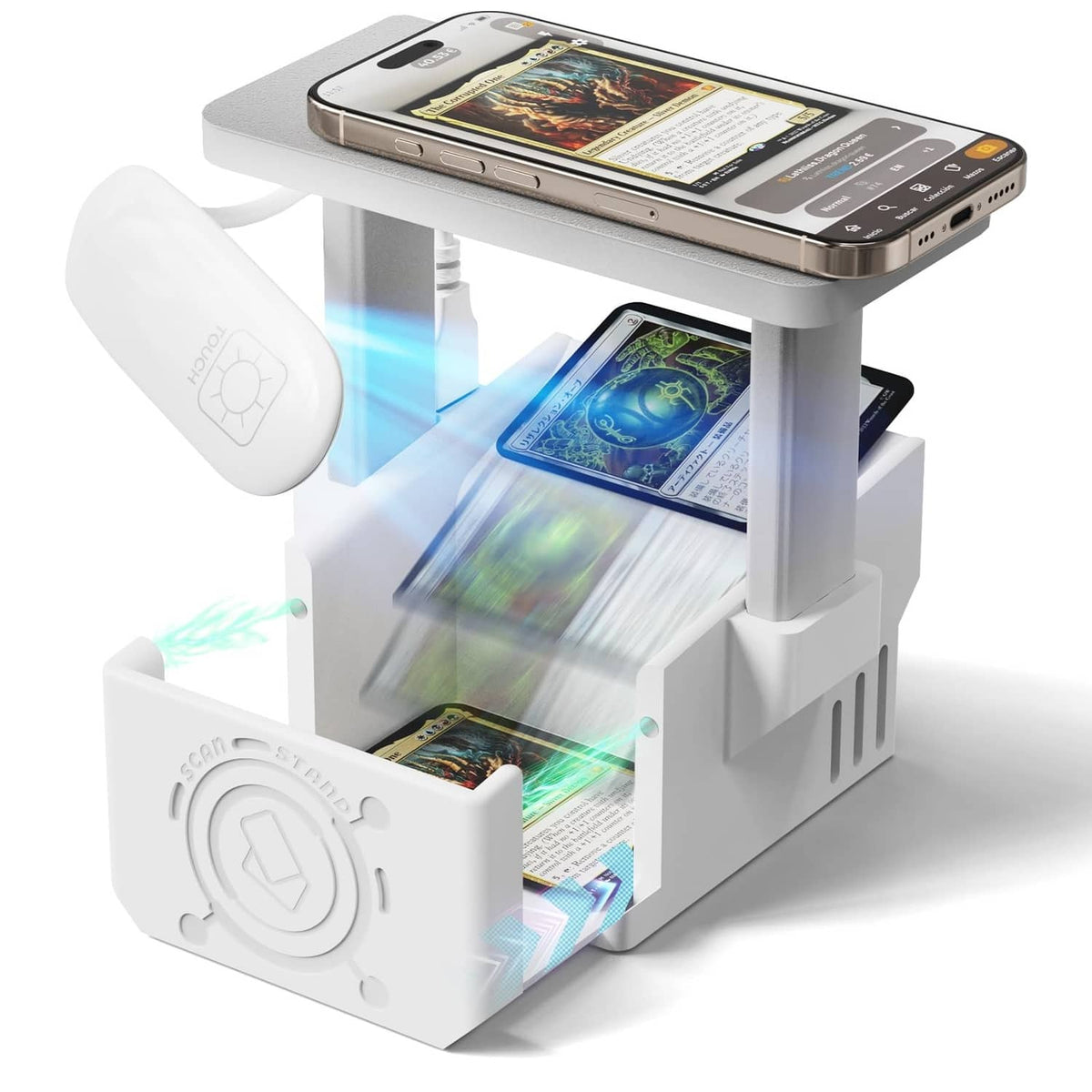 White card scanner stand with smartphone cradle and side LED light for Magic cards