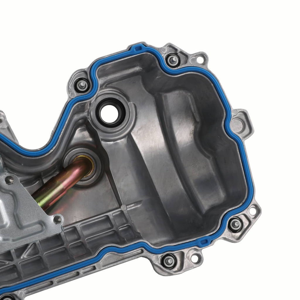 Engine valve cover inner side with circular oil opening and blue gasket seal