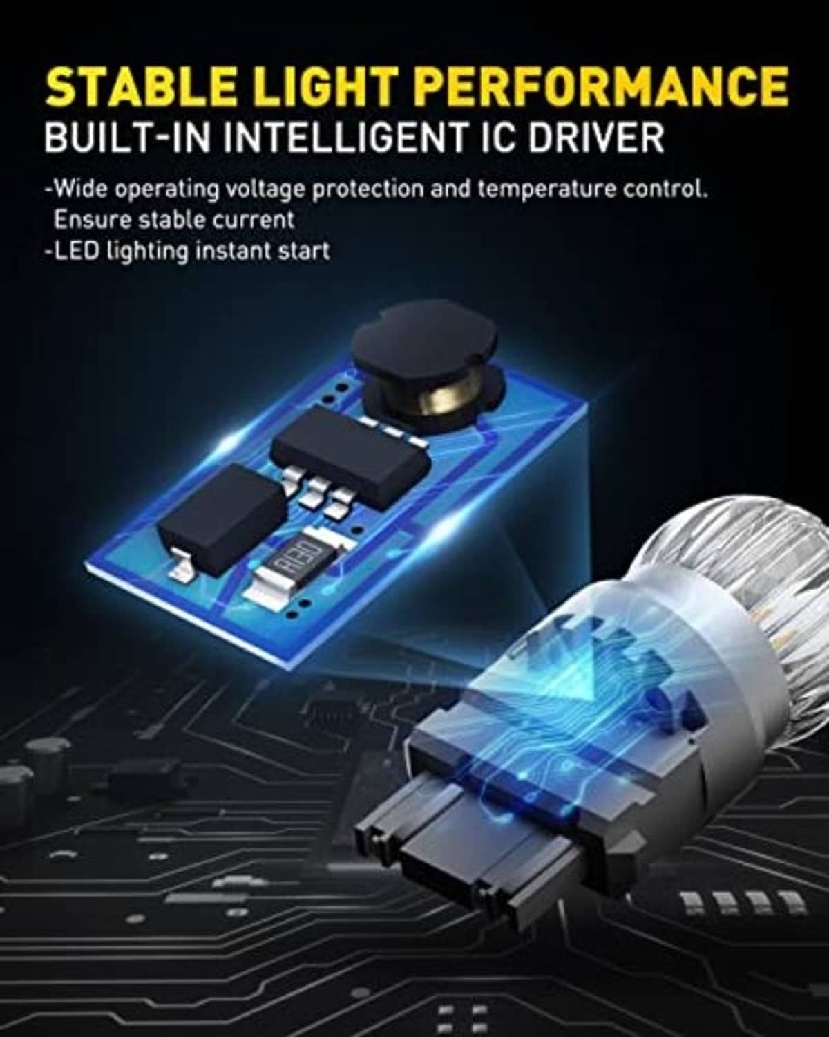 Amber LED turn signal bulb with built-in driver circuit on blue PCB
