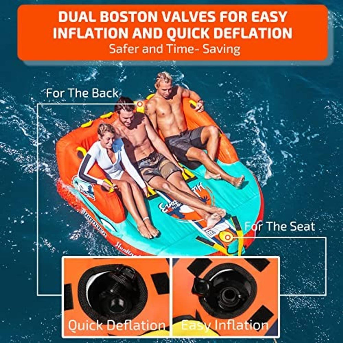 Orange-and-teal towable tube with dual Boston valve ports for fast inflation and deflation