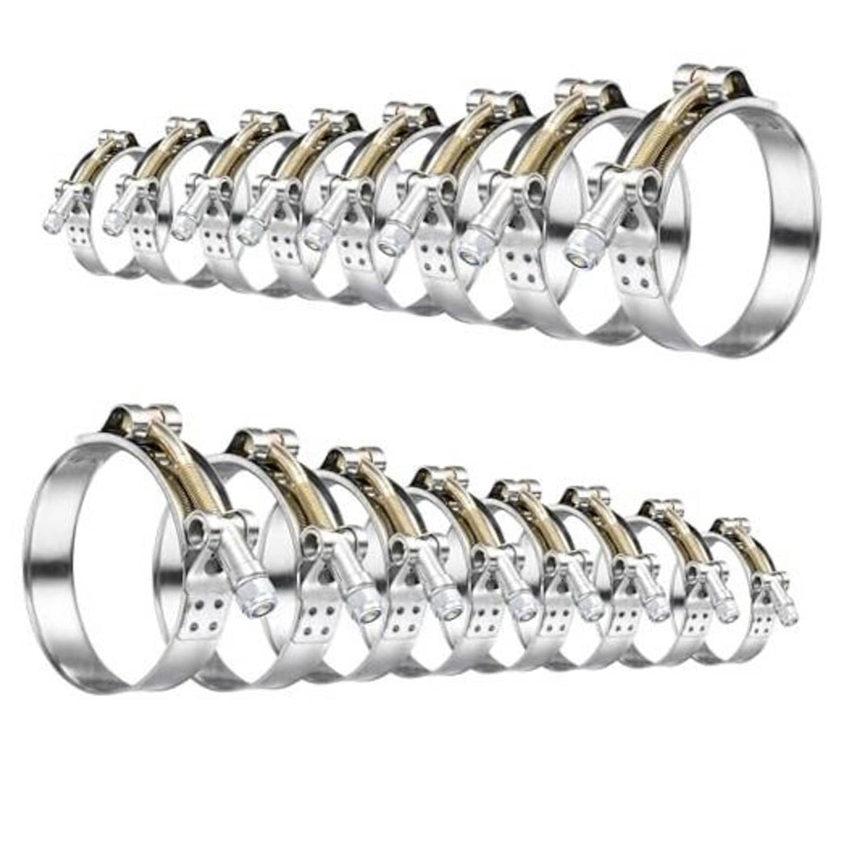 16-piece T-bolt hose clamp set, stainless steel bands with threaded bolts