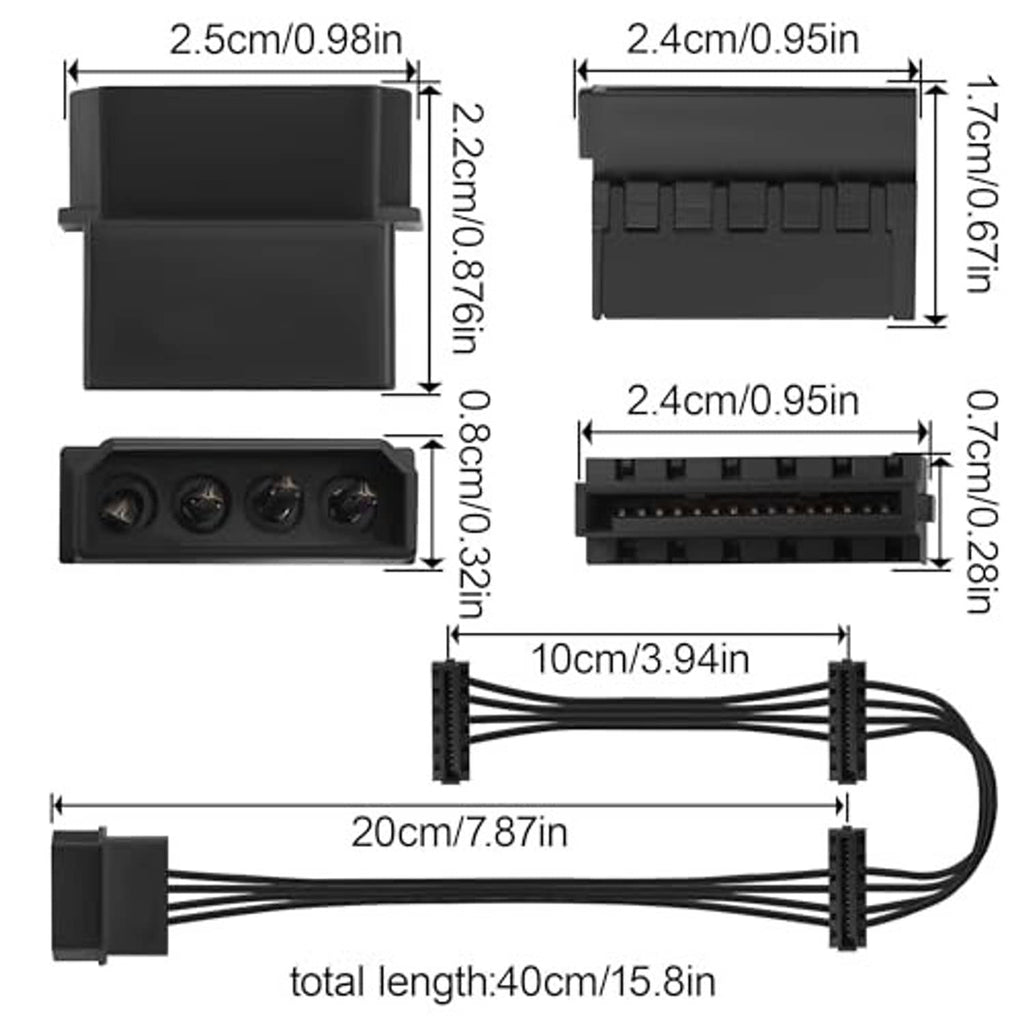 Black 4-pin to SATA power splitter cable with connector height and width details