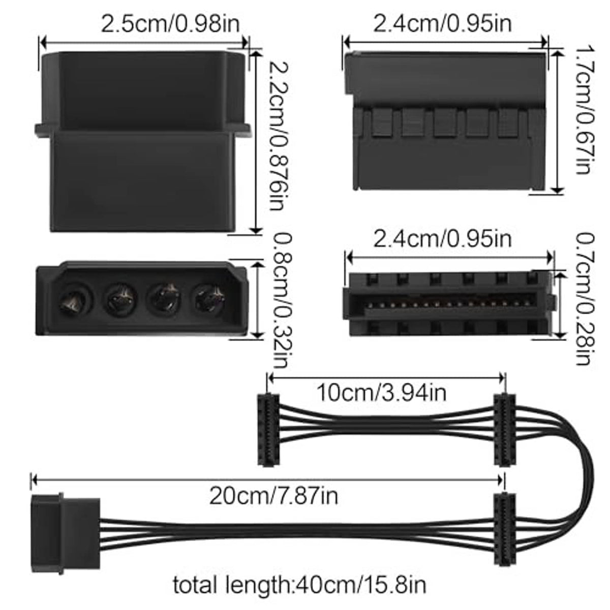 Black 4-pin to SATA power splitter cable with connector height and width details