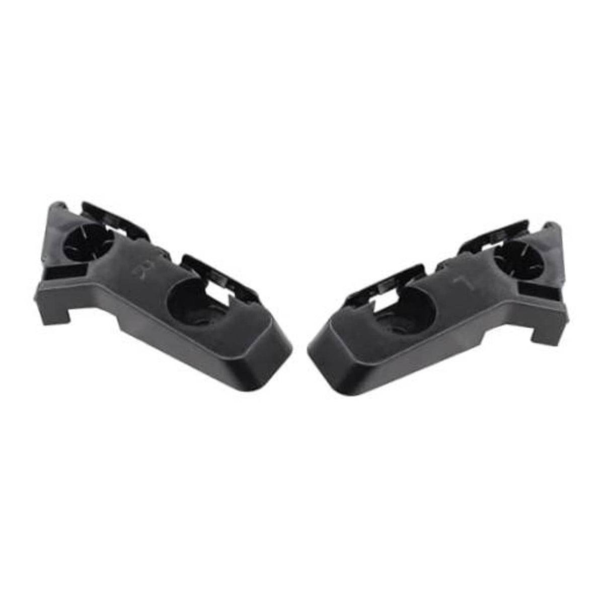 Set of front bumper bracket mounts with circular openings, dark gray plastic, left and right