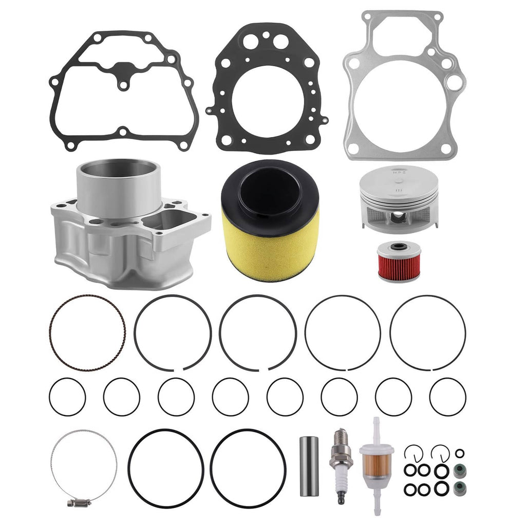 Cylinder top end rebuild kit components: gaskets, cylinder, piston, filters and rings