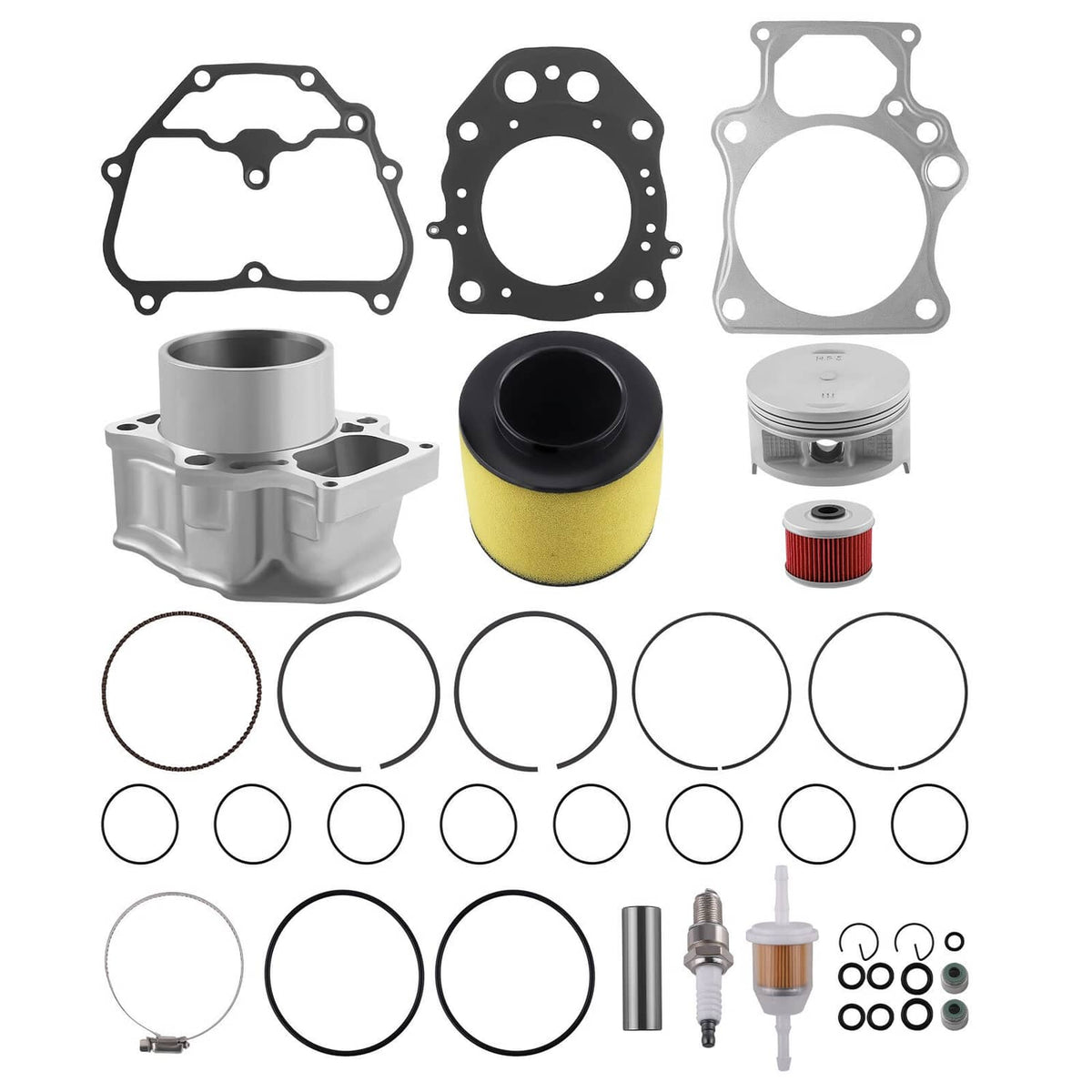Cylinder top end rebuild kit components: gaskets, cylinder, piston, filters and rings