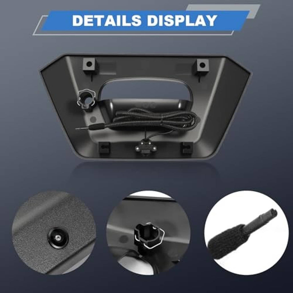 Tailgate handle bezel trim with backup camera and attached wiring harness, close-up detail