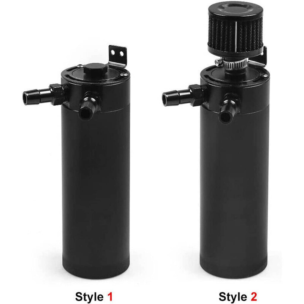 Black oil catch can styles 1 and 2 with textured top and side inlet/outlet ports