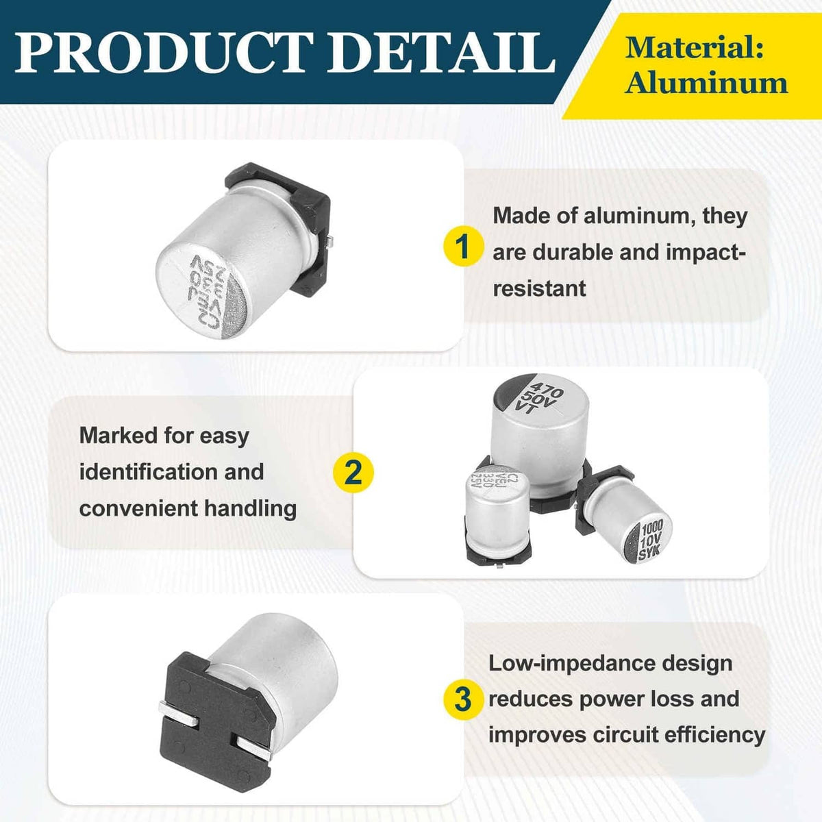 Aluminum electrolytic capacitor with silver can and black snap-in leads