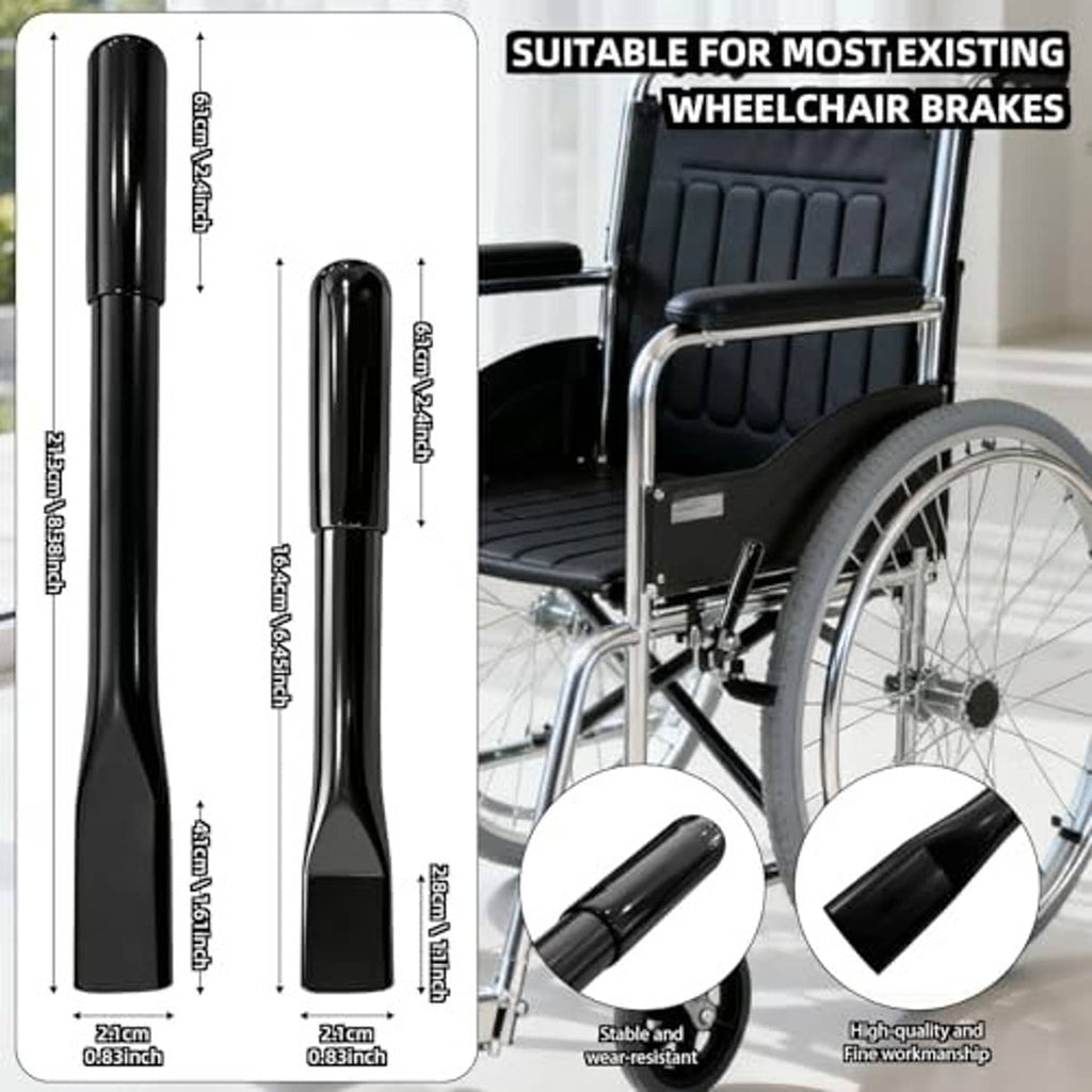 Black wheelchair brake handle extenders, pair with visible length measurements