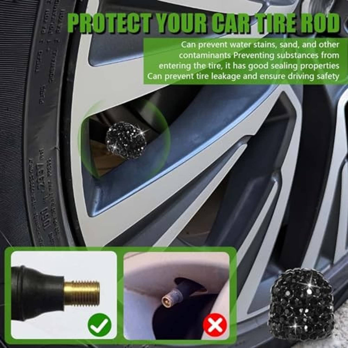 Black rhinestone tire valve stem cap on wheel, sparkly faceted crystal ball design