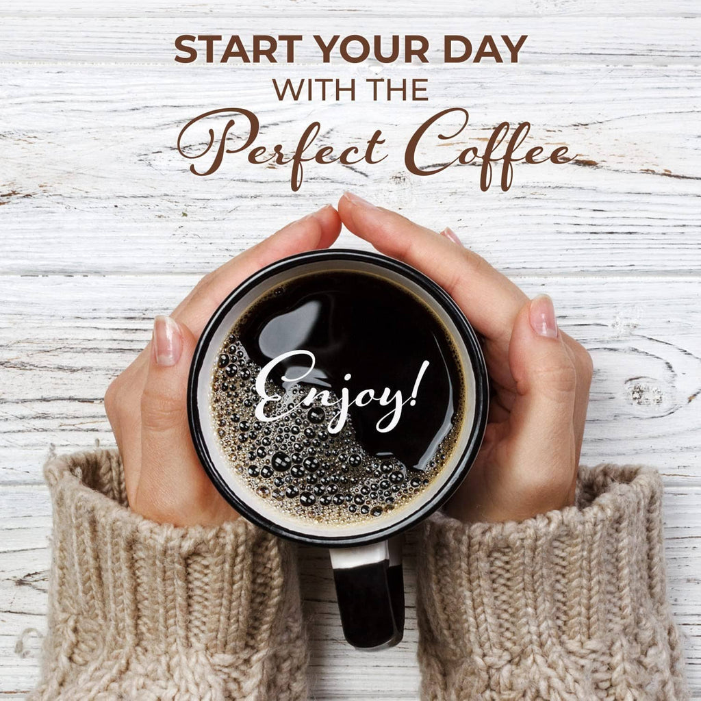Coffee mug with hands holding a Keurig-style beverage, filter replacement theme