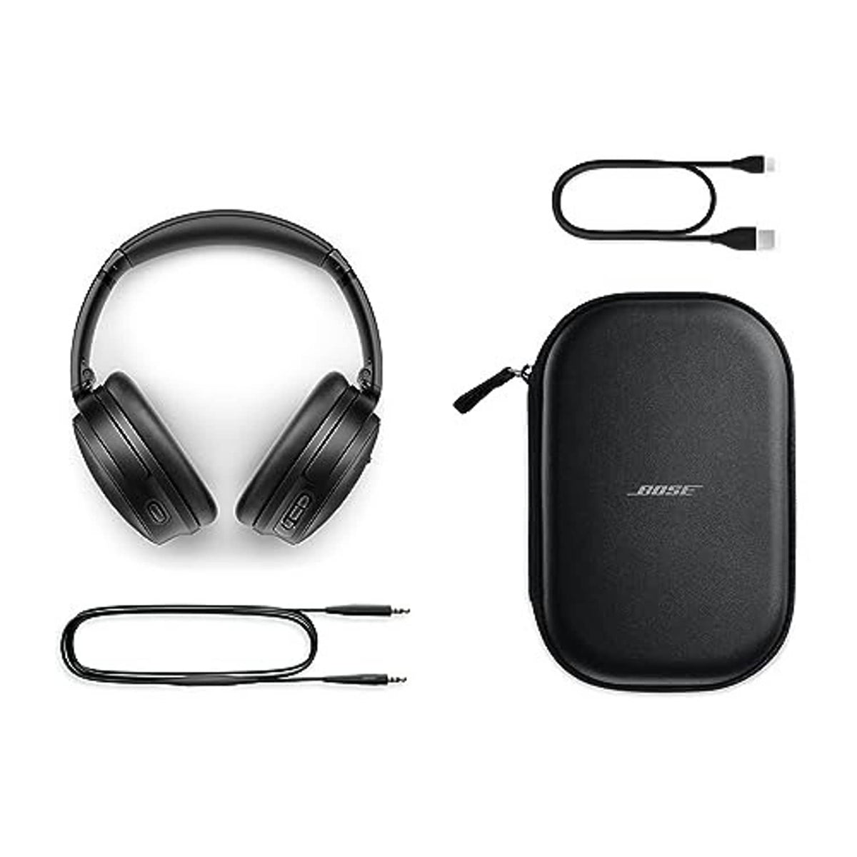 Black Bose over-ear headphone carry case and audio cable set