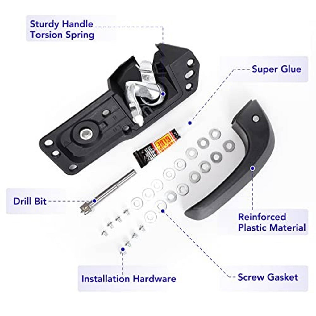 Interior door handle kit contents: black handle, mounting bracket, glue tube and fasteners