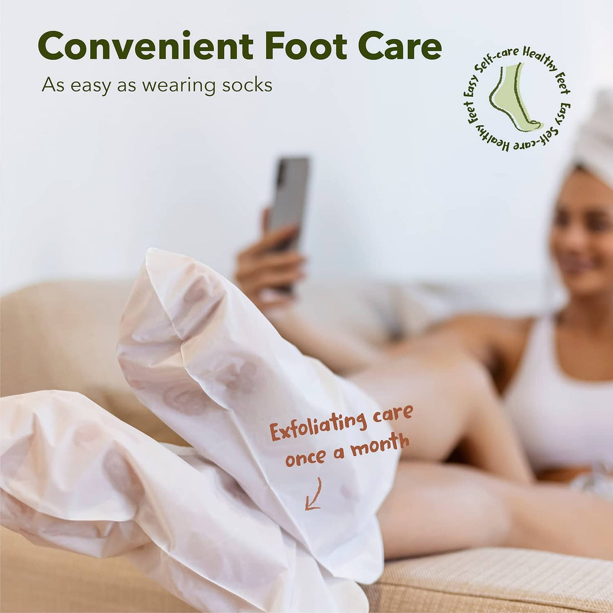 Foot peeling mask sock on a person’s foot for exfoliating care