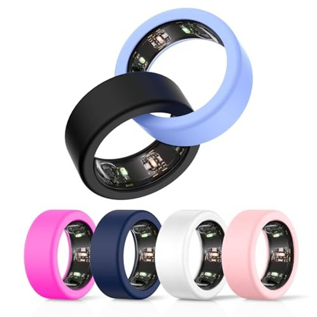 Silicone ring protector cases in blue, black, white, and pink