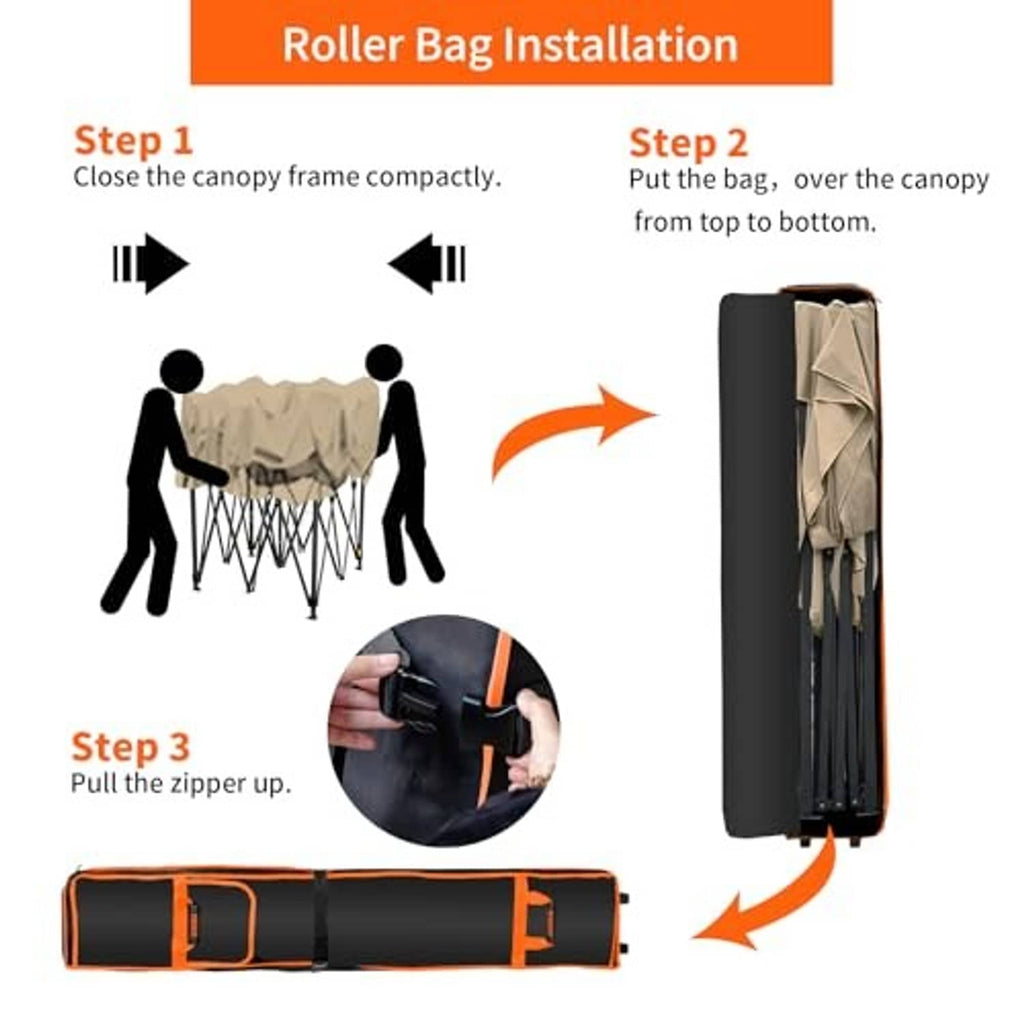 Black canopy roller bag with orange trim, zipper close-up and folding steps