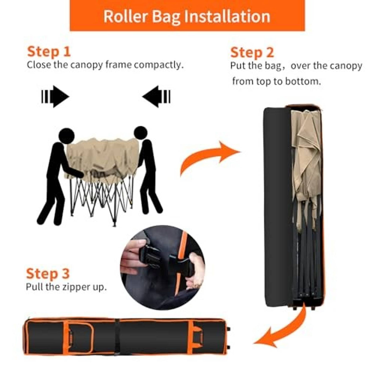 Black canopy roller bag with orange trim, zipper close-up and folding steps