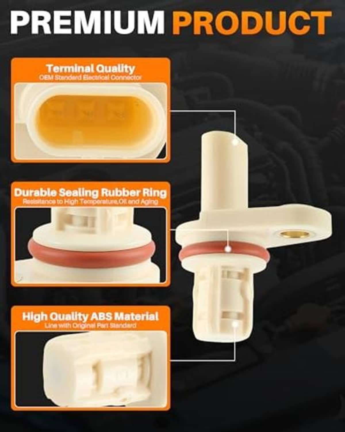 Camshaft position sensor showing beige plastic body and red sealing rubber ring