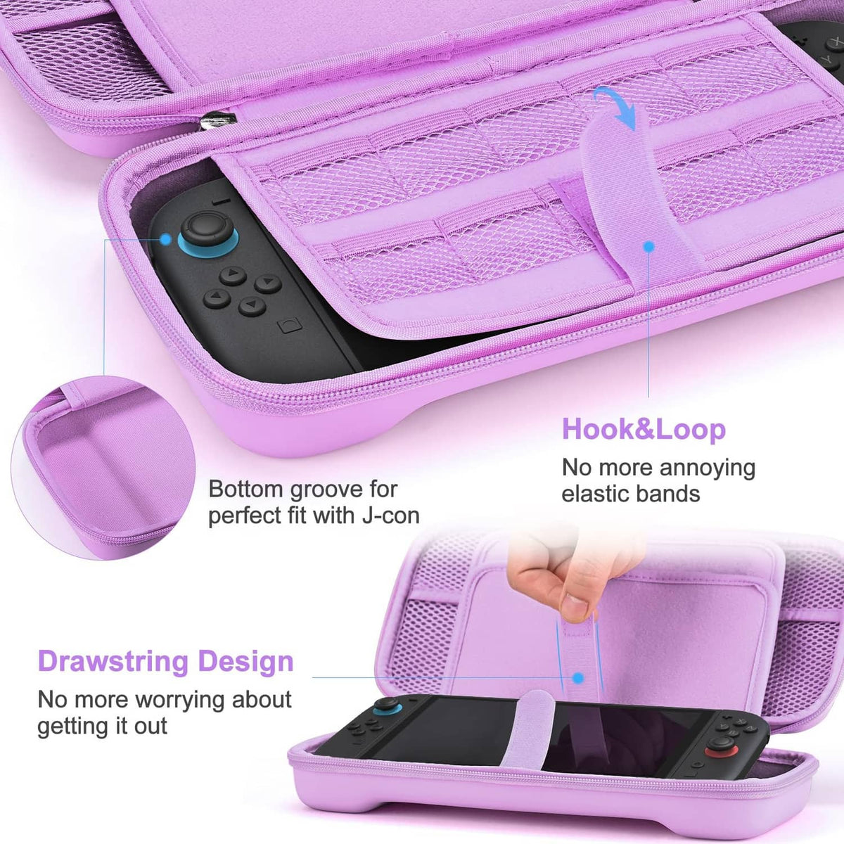 Purple Switch 2 case with hook-and-loop elastic closure and accessory pockets