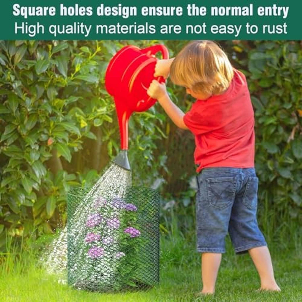 Green metal wire plant protector cage with square holes, child watering plants