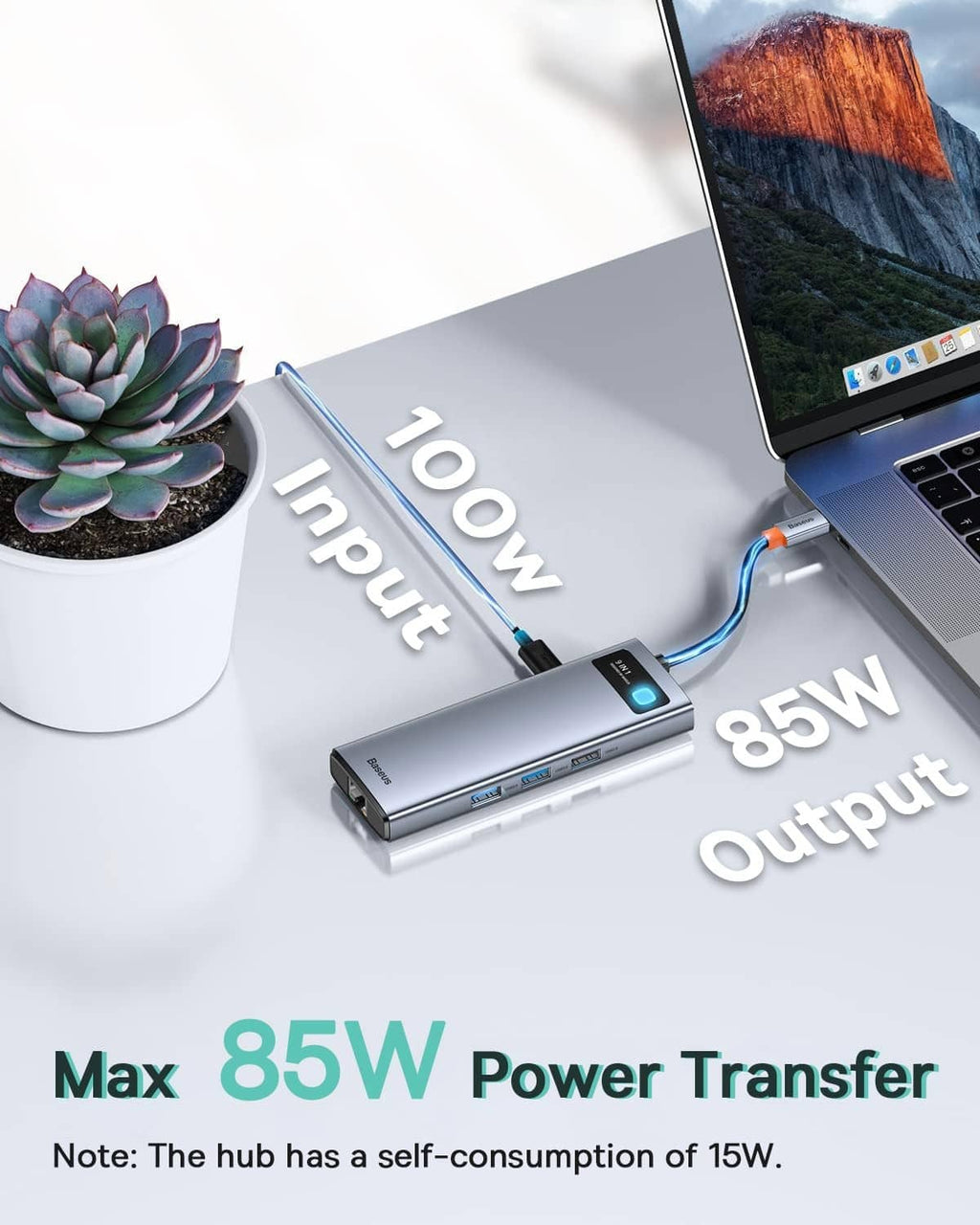 Grey USB-C laptop hub with blue indicator and front ports for charging and data