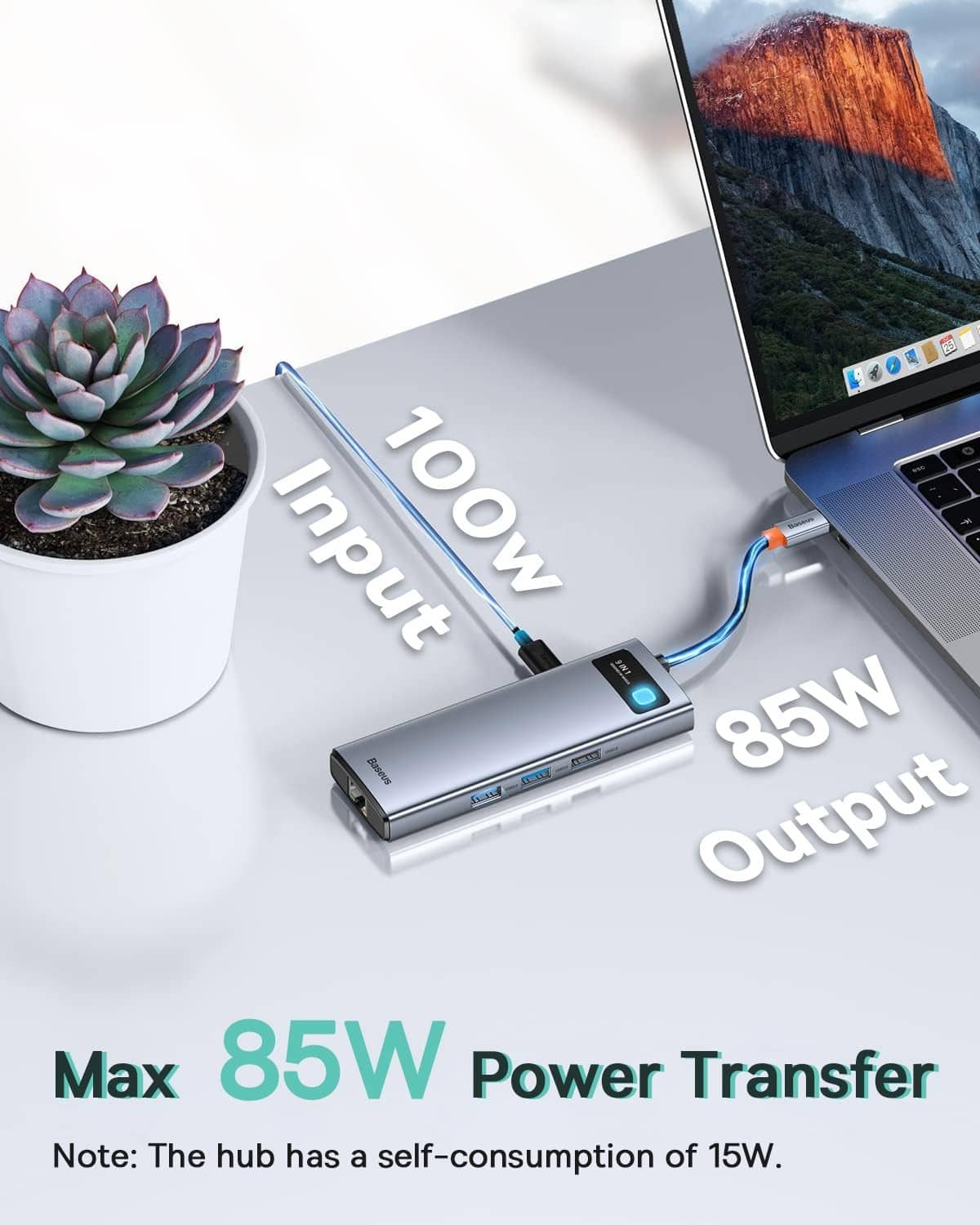 Grey USB-C laptop hub with blue indicator and front ports for charging and data