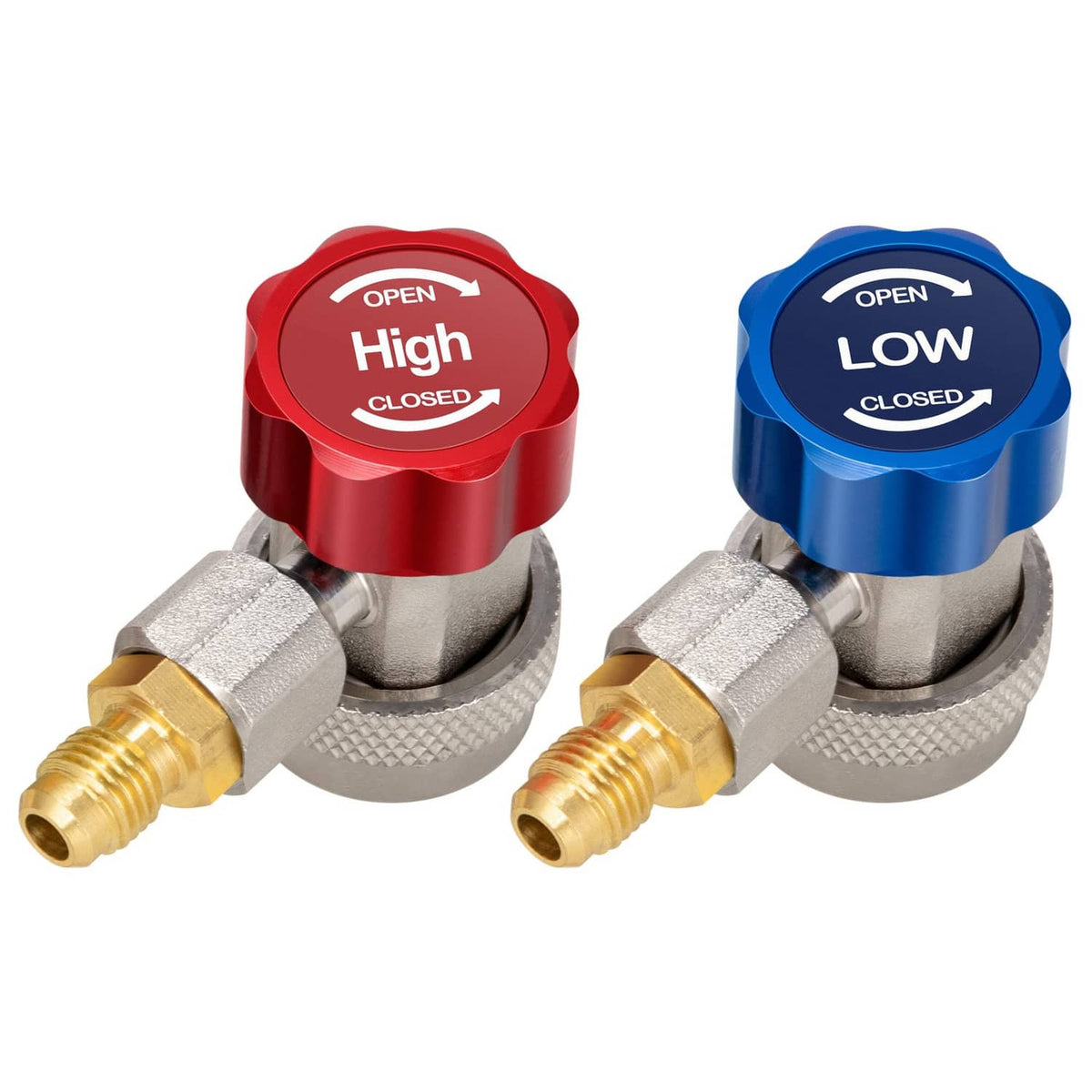 HVAC refrigerant quick coupler adapters, red High and blue Low with brass fittings