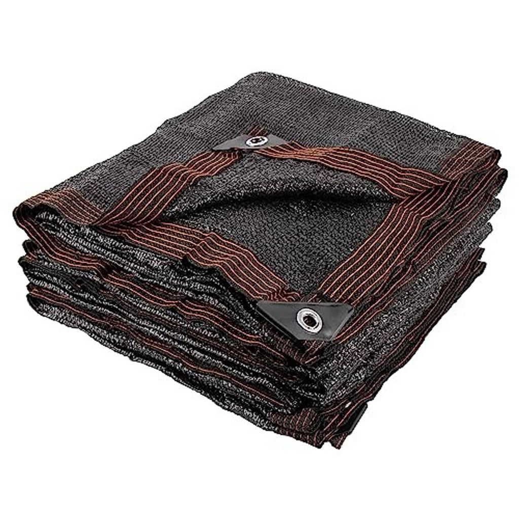 Outdoor woven sun shade cloth, dark charcoal with rust-brown striped trim and grommets